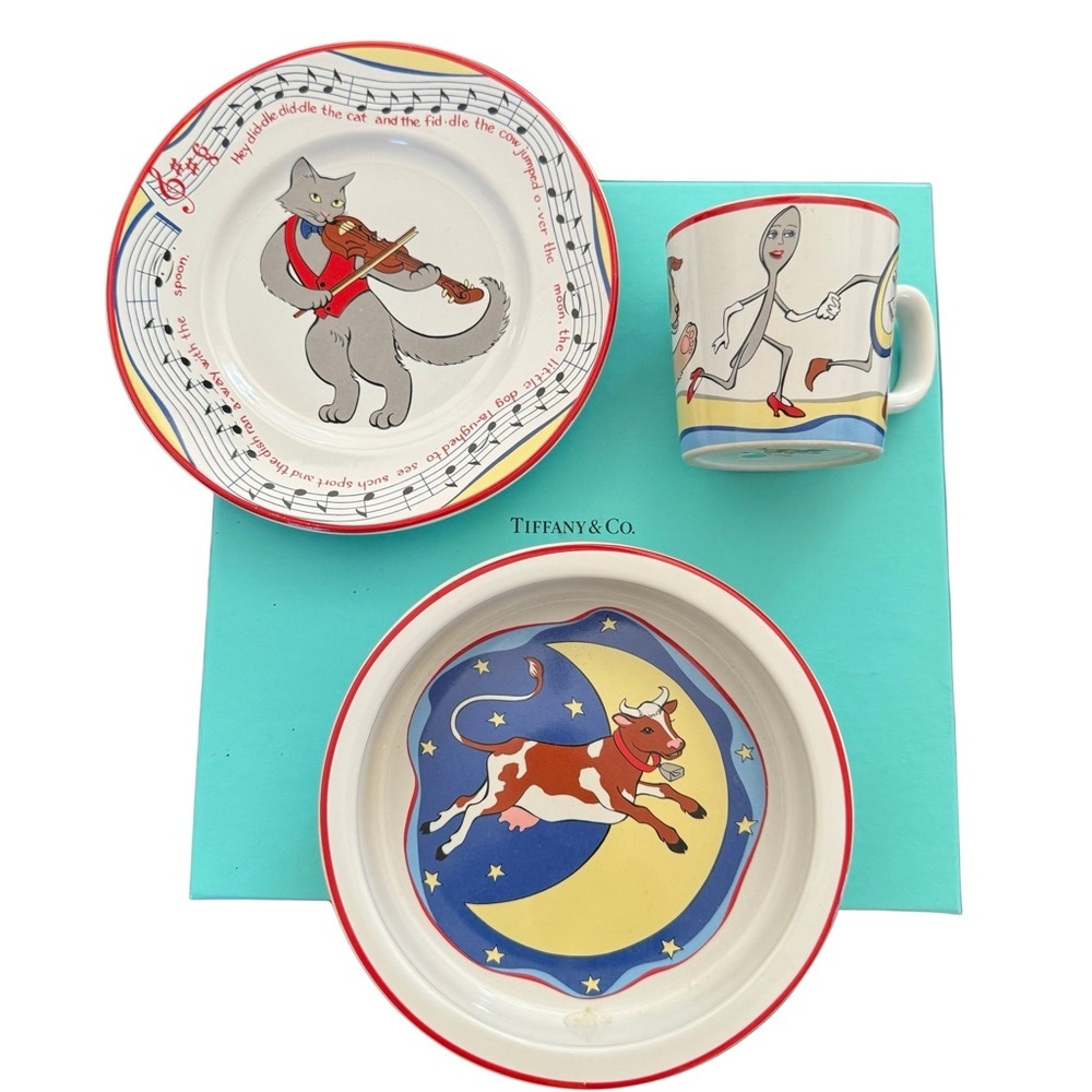 HP🎉TIFFANY & CO. Vintage “Hey Diddle Diddle”3 Piece Child Baby Feeding Set China - Picture 2 of 16